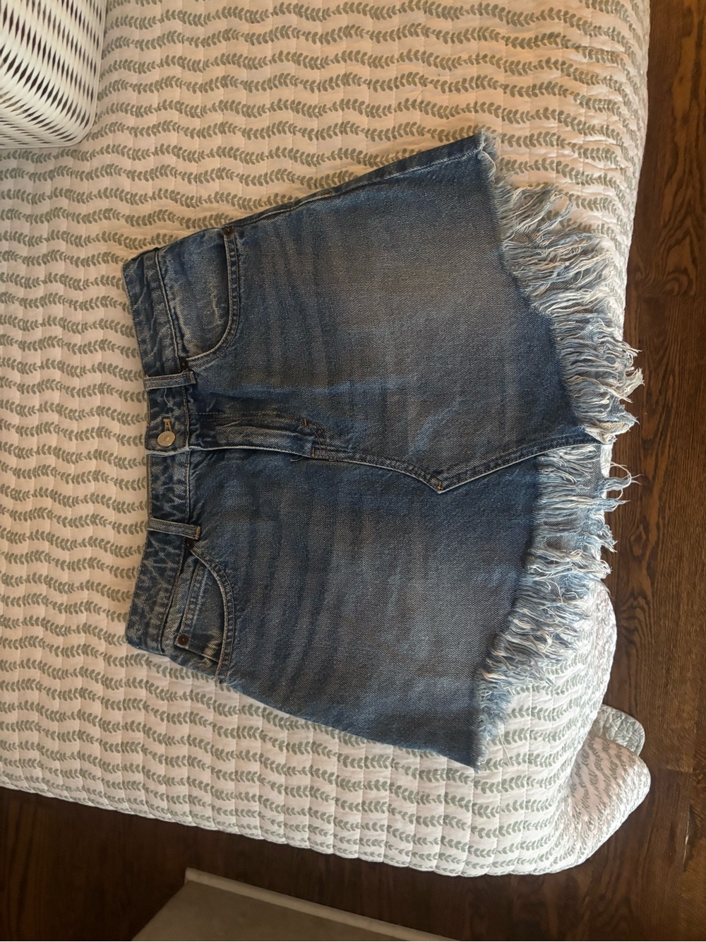 Free People High-Rise Blue Denim Fringe Hem Shorts - size 26